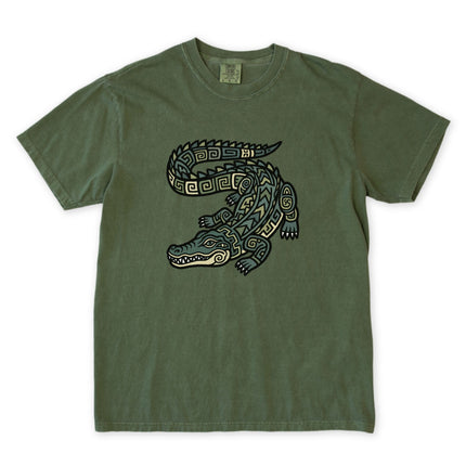 Tribal Mayan style crocodile graphic printed on a unisex t-shirt tee.