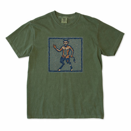 Satyr mosaic graphic t-shirt featuring ancient Greek mythology art print on comfort colors tee.