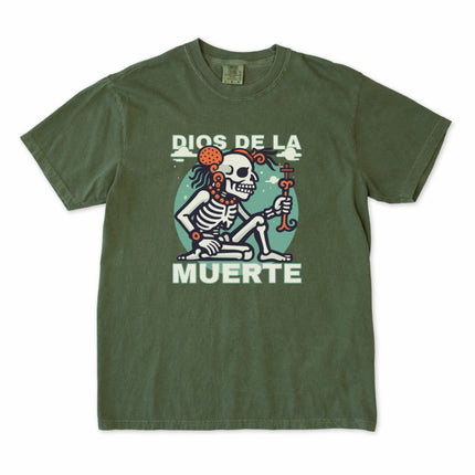 Graphic t-shirt featuring Yum Kimil Mayan Death God skeleton mythology artwork print.