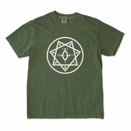 Star of Babalon occult symbol design printed on a comfortable black t-shirt featuring Thelema magick art.