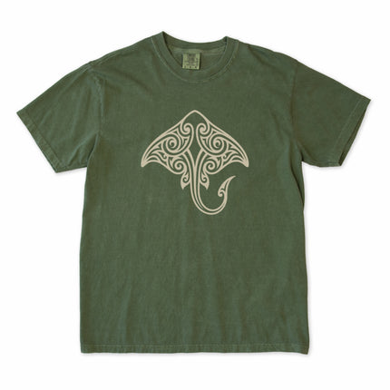 Tribal stingray graphic featuring Maori Polynesian ocean life art on a t-shirt.
