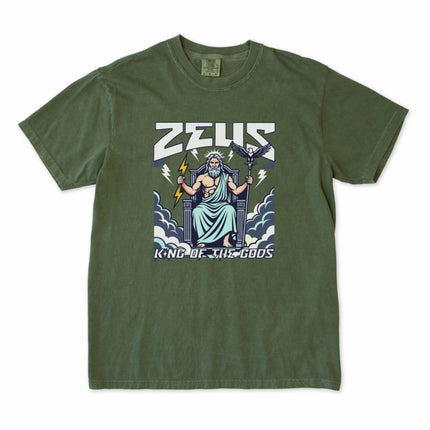 Zeus King of the Gods t-shirt graphic featuring a dramatic lightning bolt and majestic Greek mythology eagle design.