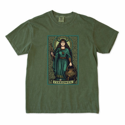 Cerridwen Celtic Goddess tee featuring a mythological cauldron and witch design print.