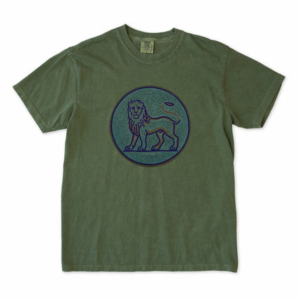 Mosaic blue grey lion graphic t-shirt featuring ancient animal artwork print.