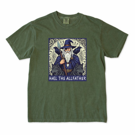 Norse Mythology Odin T-Shirt design featuring ravens and wolves graphic print.