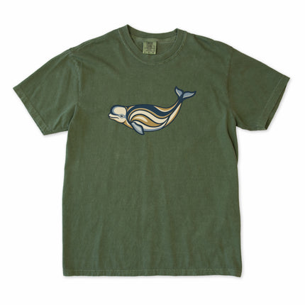 Indigenous beluga whale graphic tee shirt featuring traditional Inuit marine artwork.