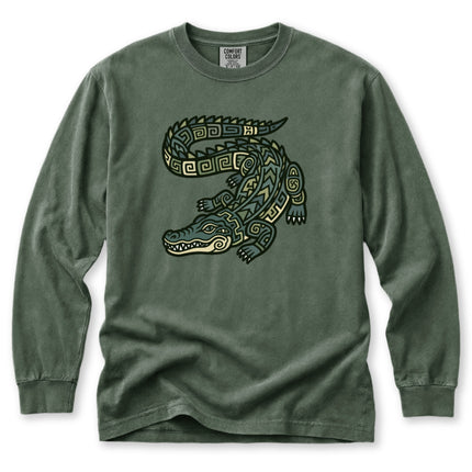 Geometric Mayan crocodile design long sleeve t-shirt.