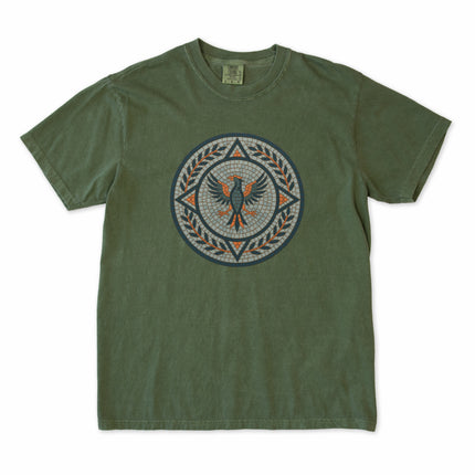 Mosaic blue phoenix graphic tee with Roman style mythological bird design.