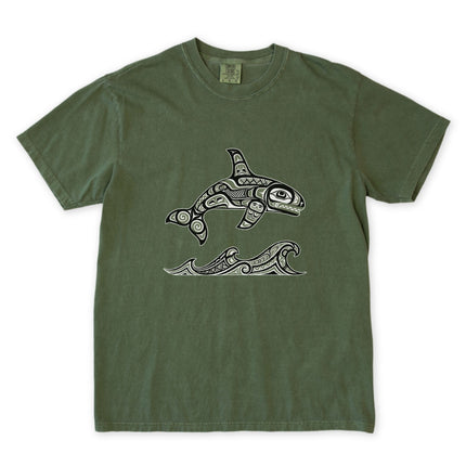 Haida Formline Art t-shirt featuring killer whales and dynamic ocean wave design.