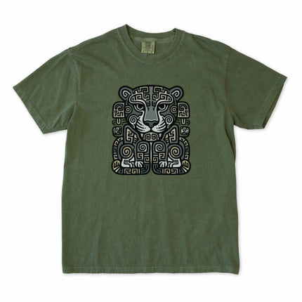 Mayan Jaguar graphic t-shirt featuring ancient Mesoamerican tribal art print design.