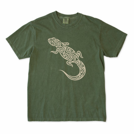 Tribal lizard swirl pattern graphic tee featuring intricate tribal art design.