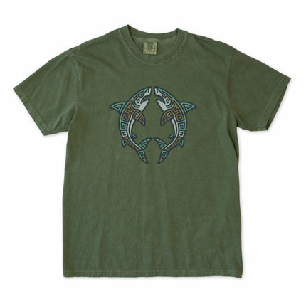Tribal geometric shark symbol graphic tee featuring Mayan-inspired ocean life artwork.