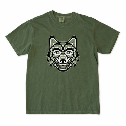 Haida wolf head art t-shirt featuring indigenous Pacific Northwest style print.