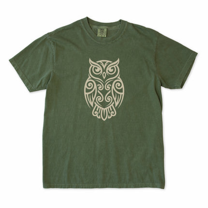Tribal owl and intricate Celtic knot design on a unisex tee shirt.