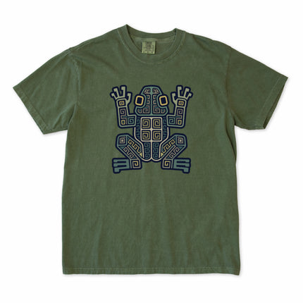 Mayan frog tribal symbol graphic tee featuring ancient geometric art design.