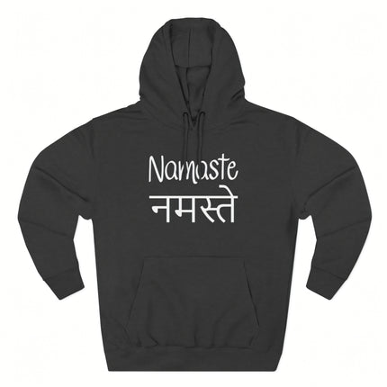 Black Namaste hoodie featuring English and Hindi Devanagari spiritual greeting text.