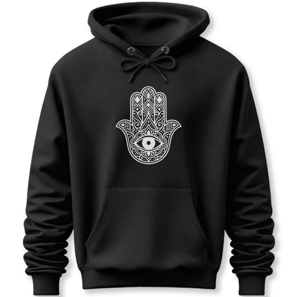 Black hoodie featuring an ornate hamsa hand and evil eye mandala protection graphic.
