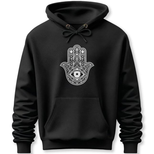 Black hoodie featuring an ornate hamsa hand and evil eye mandala protection graphic.