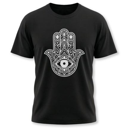 Hamsa hand and Evil Eye symbol graphic on a black unisex t-shirt.