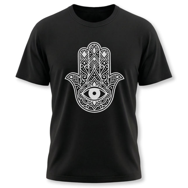 Hamsa hand and Evil Eye symbol graphic on a black unisex t-shirt.