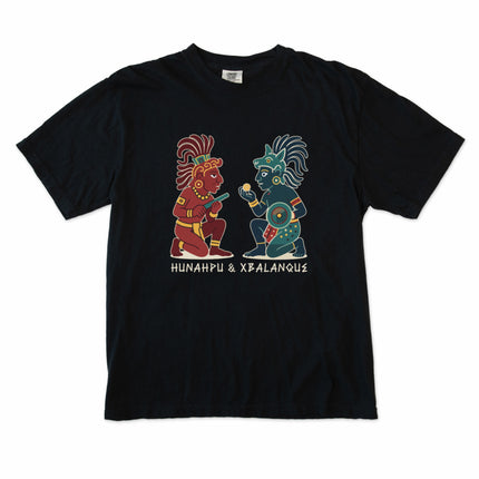 Graphic tee featuring Hunahpu and Xbalanque Mayan mythology characters from Popol Vuh.