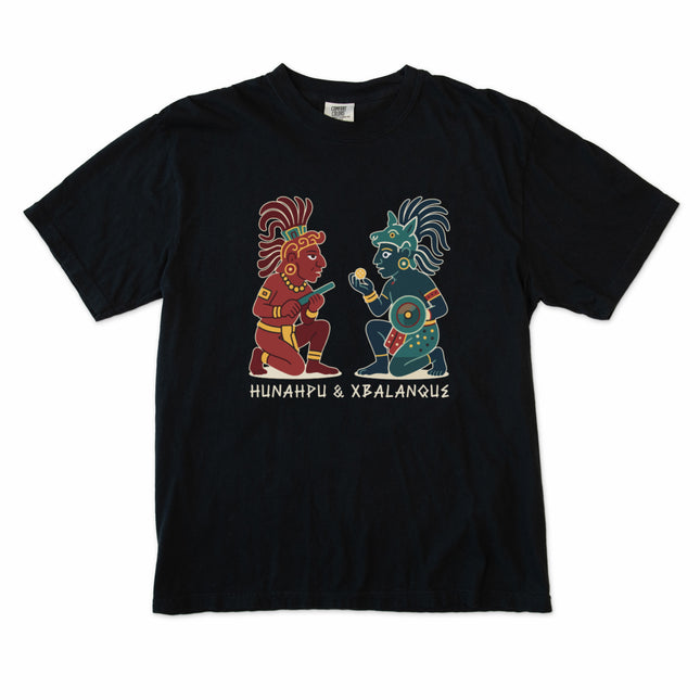 Graphic tee featuring Hunahpu and Xbalanque Mayan mythology characters from Popol Vuh.