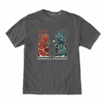 Hunahpu and Xbalanque Mayan twin heroes graphic t-shirt featuring Popol Vuh mythology art.
