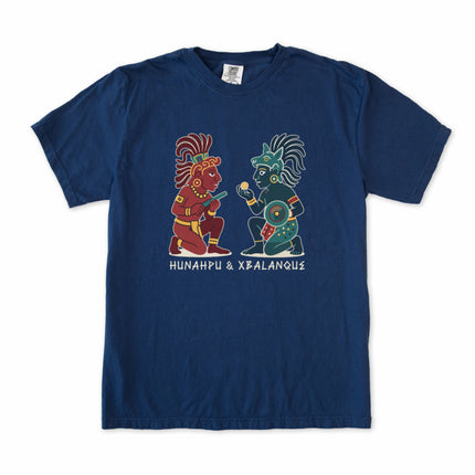 Popol Vuh graphic tee featuring Hunahpu and Xbalanque Mayan mythology art print.