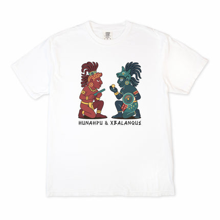 Mayan mythology t-shirt featuring Hunahpu and Xbalanque graphic art from the Popol Vuh.