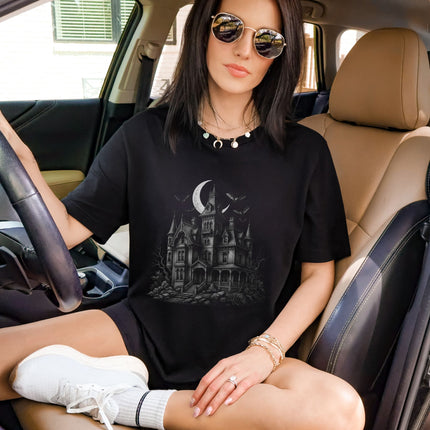 Haunted House Bats Moon T-Shirt | Spooky Gothic Mansion Halloween Tee Shirt