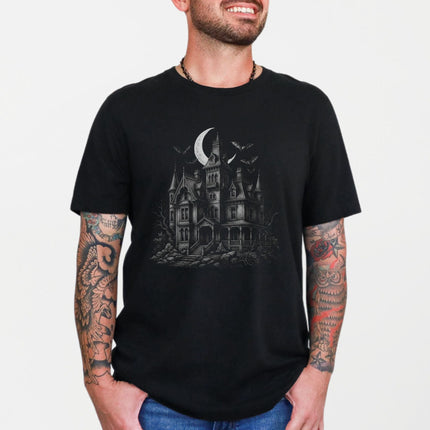 Haunted House Bats Moon T-Shirt | Spooky Gothic Mansion Halloween Tee Shirt