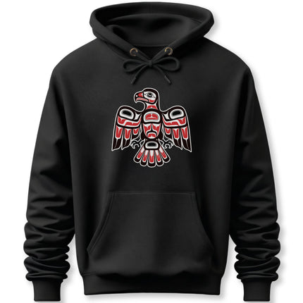 Indigenous Northwest Coast Thunderbird art graphic, featuring red and black formline tribal symbols.