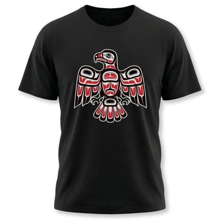 Haida Formline art hawk graphic on black tee, featuring Pacific Northwest Indigenous cultural style.