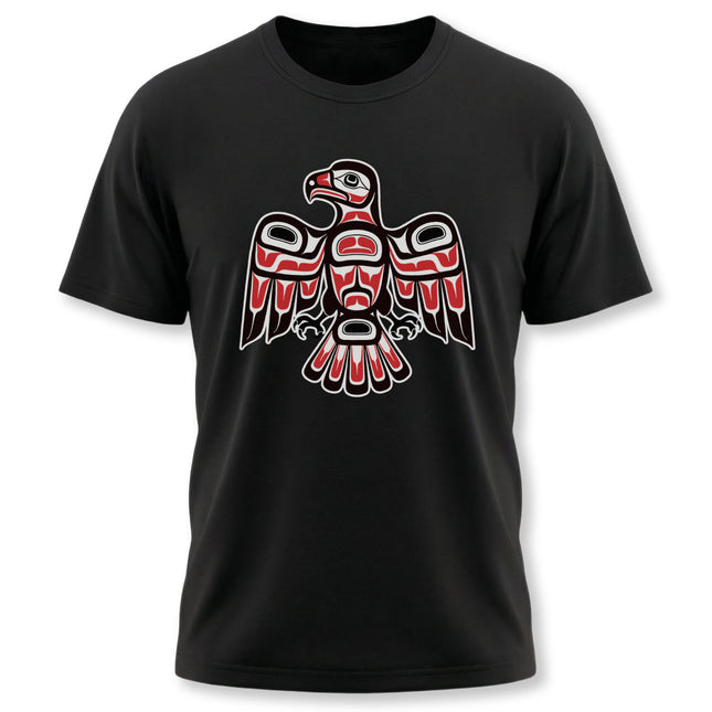 Haida Formline art hawk graphic on black tee, featuring Pacific Northwest Indigenous cultural style.