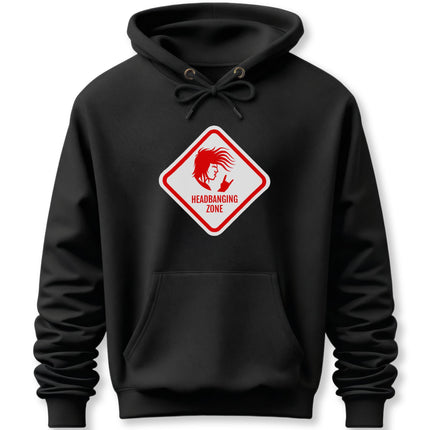 Black rock hoodie featuring a red "Headbanging Zone" graphic with a devil silhouette.