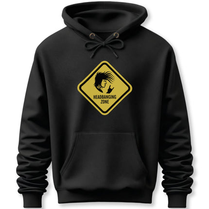 Rock headbanging zone warning sign graphic on a black pullover hoodie.