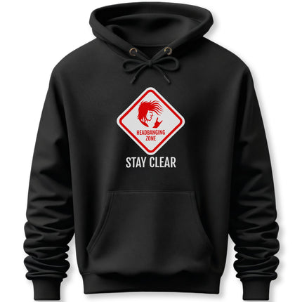 Black pullover hoodie featuring a "Headbanging Zone Stay Clear" rock music graphic.