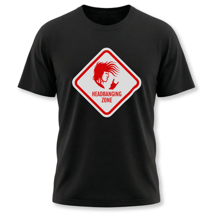 Black t-shirt with red "Headbanging Zone" rock graphic and metal silhouette design.