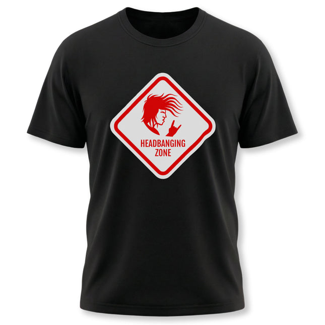 Black t-shirt with red "Headbanging Zone" rock graphic and metal silhouette design.