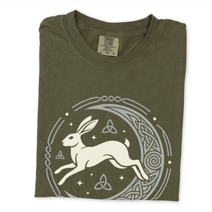 Celtic hare and crescent moon knotwork graphic printed on a comfortable tee shirt.