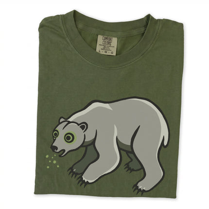 Goofy blue polar bear spitting snow graphic on a unisex arctic animal t-shirt.