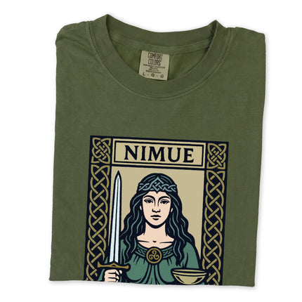 Nimue Lady of the Lake tee featuring Celtic knotwork, an Arthurian sword, and sacred chalice art.