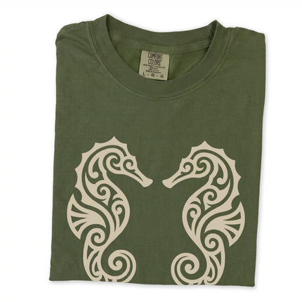 Ornate tribal seahorse design printed on a unisex marine life t-shirt.