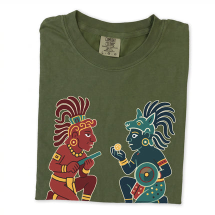 Hunahpu & Xbalanque Mayan mythology graphic t-shirt featuring Popol Vuh story art.