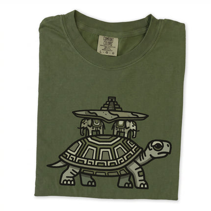 World Turtle Mayan Temple graphic print on an ancient mythology t-shirt.