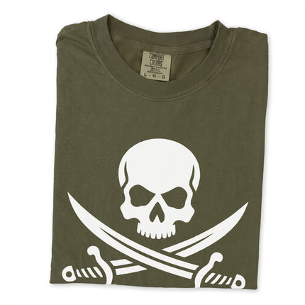 Jolly Roger pirate skull and cutlass graphic printed on a black t-shirt.