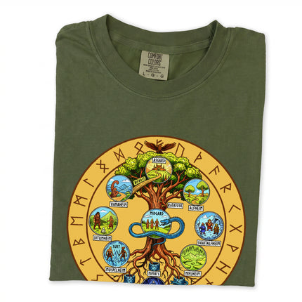 Norse Yggdrasil World Tree graphic t-shirt featuring nine realms and rune mythology art.