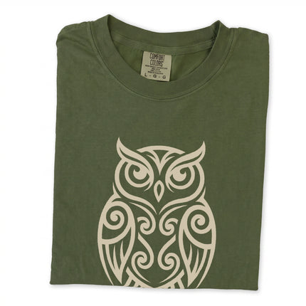 Tribal owl graphic with intricate Celtic knot design printed on a comfortable unisex tee shirt.