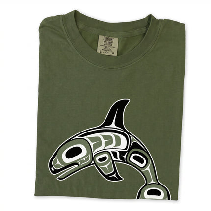 Native formline art orca killer whale graphic t-shirt design for Pacific Northwest fans.