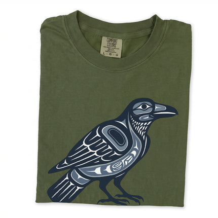 Raven symbol t-shirt featuring Pacific Northwest indigenous tribal art design.